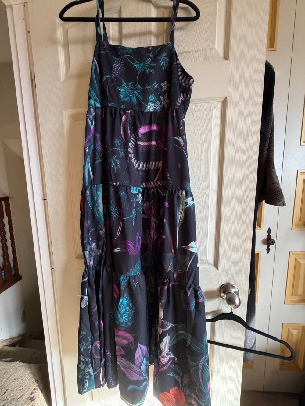 Black Floral Tiered Maxi Dress with Teal & Purple Accents